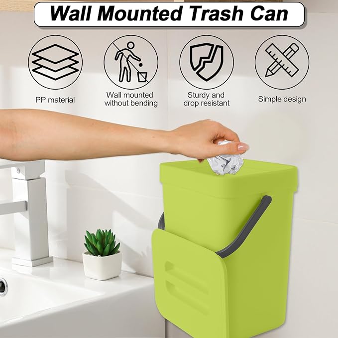 Compost Bin Kitchen, Includes 100 Trash Bags, Hanging Trash Can with Lid, Features Pet-Proof, Odor-Proof, and Quiet Opening/Closing. Suitable for Bathrooms/Bedrooms/Offices (Green, 1.3Gal/5L)
