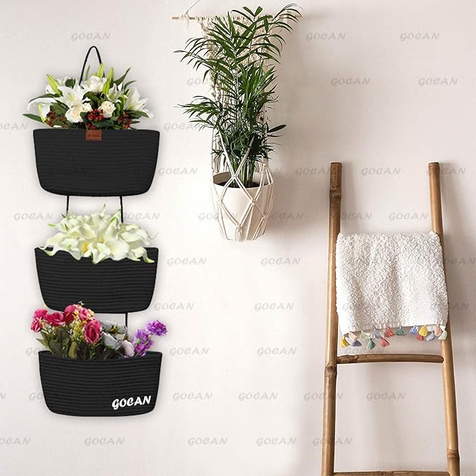 Hanging Storage Baskets Over The Door Hanging Basket, 3-Tier Cotton Rope Woven Hanging Organizer, Detachable Decorative Hanging Baskets for Wall Living Room, Bathroom and Bedroom