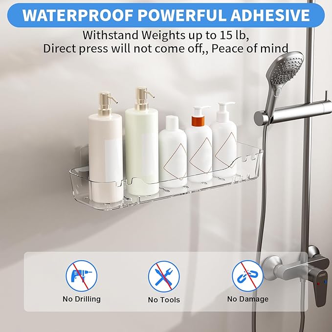 Diesisa 2pc Acrylic Adhesive Wall Shelf, Wall Mount Organizer, Bathroom Shelves for Wall, Self Organizer, No Drilling Hang Walls,with Self Adhesive Tape, for Bathroom, Kitchen, Living Room