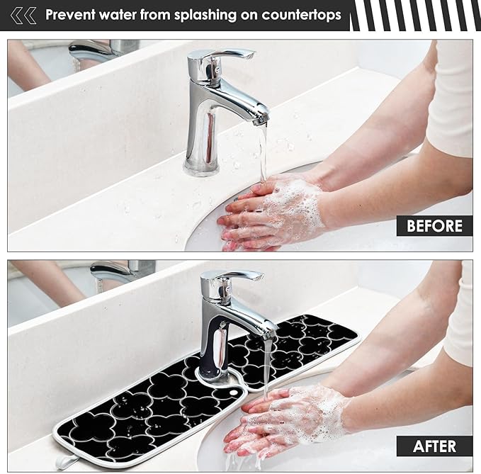 2 PCS Kitchen Sink Splash Guard 23.6 Inch Faucet Mat for Kitchen Sink Bathroom Sink Faucet Absorbing Drip Drain Mat Pad Microfiber Soft Washable Grey and Black Quatrefoil