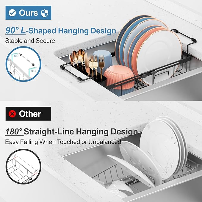 iSPECLE Small Sink Dish Drying Rack with Silicone Mat, Expandable Compact Rust Resistant Dish Drainer for RV Apartment Kitchen, Dish Rack with Tightening Knob, 9" W x 12"-16.8" L, Black