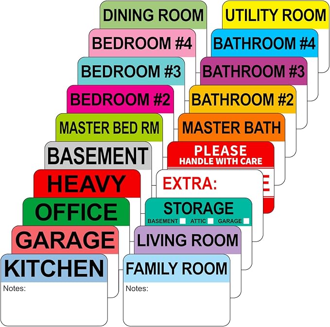 Kingtac 600 Writable Home Moving Stichers - 2' x 3', 20 Color-Coded Home Moving Packing Labels with Fragile, Extra, Heavy Options.Stick to Cardboard Boxes and Plastic Bins, No Extra Tape Needed