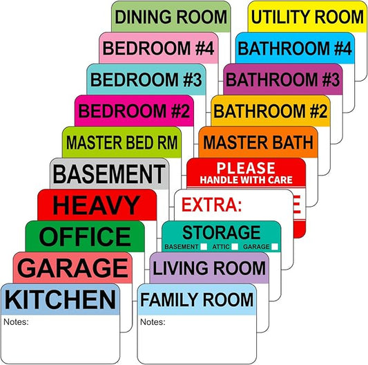 Kingtac 600 Writable Home Moving Stichers - 2' x 3', 20 Color-Coded Home Moving Packing Labels with Fragile, Extra, Heavy Options.Stick to Cardboard Boxes and Plastic Bins, No Extra Tape Needed