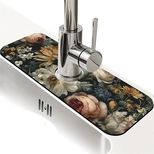 Kitchen Sink Splash Guard，Dark-floral Faucet Mat Sink Gadgets-Super Absorbent Fast Drying Mat Drip Catcher for Kitchen, Bathroom,Sink Mat, Dish Drying Mat, Bathroom(15" X 5.5" )