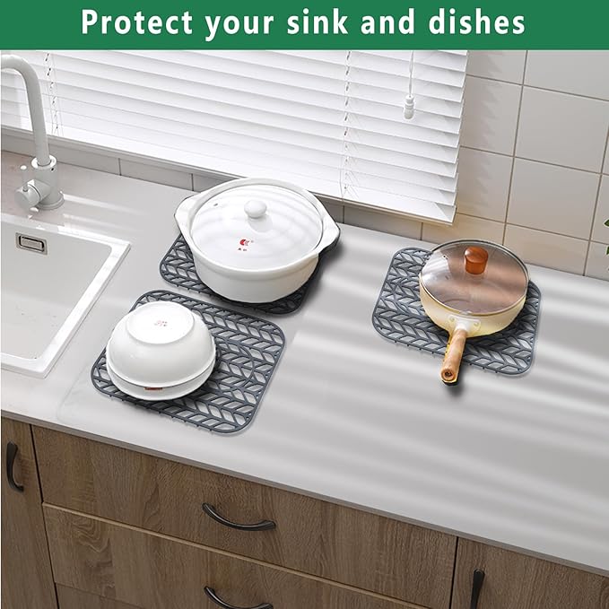 GUUKIN Sink Protectors for Kitchen sink, 13 5/8" x 11 5/8" Folding Non-slip Silicone Sink Mat Grid for Bottom of Farmhouse Stainless Steel Porcelain with 3 Reserved Holes Pack of 2