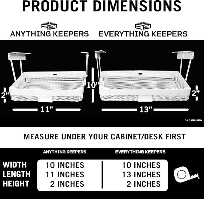 Anything Keeper - Organizer for Home, Kitchen, Bathroom, RV, Small Spaces - Storage Organizers - Compact Metal Basket - Under Cabinet Holder - Easy Install - Holds Strong - 11 x 10 x 2in - White