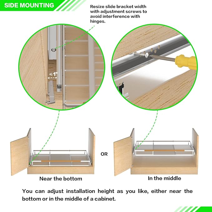 Expandable Pull Out Cabinet Organizers,Slide Out Drawers Adjustable Width W:16.9”-28” x D:22.2”,Heavy Duty Chrome Plated Gliding Cupboard Shelves for Kitchen,Pantry,Under Sink or Closet,2 Packs