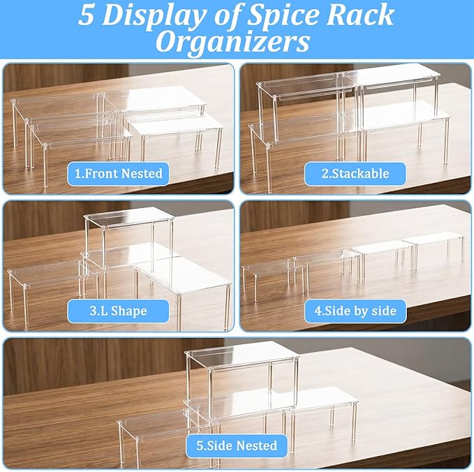 Clear Acrylic Cabinet Organizer, Set of 4 Stackable Shelf Risers, Spice Rack for Kitchen Pantry Storage, Countertop and Desk Organizer, House Essential Gift