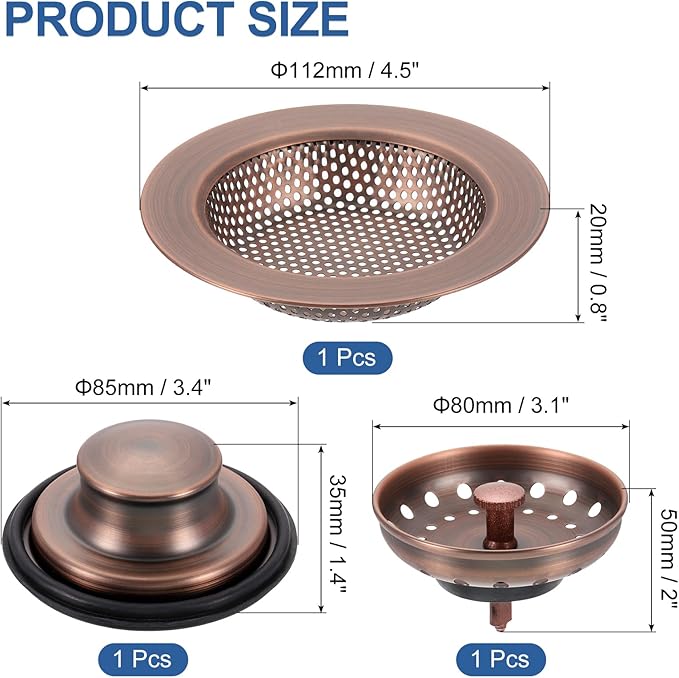 uxcell 3 Pcs Kitchen Sink Drain Strainer Brown, Stainless Steel Kitchen Sink Strainer and Stopper, Anti-Clogging Basket with Handle, for Most Kitchen Sink Strainer Replacement