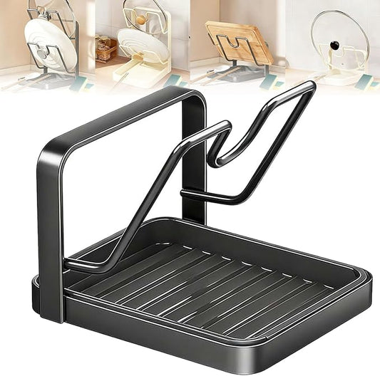 Kitchen Pot Lid Storage Rack, Stainless Steel Pot Lid Holder While Cooking with Removable Drip Tray, Pot Lid Organizer Rack for Countertop, Kitchen Pot Lid Holder & Utensil Rest (Gray, Single-layer)