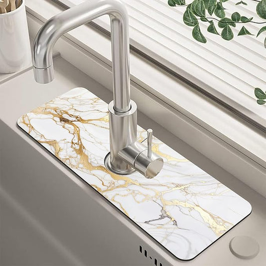 Gray Gold Marble Kitchen Sink Splash Guard Faucet Mat Super Absorbent Fast Drying Mat Guard Behind Faucet Drip Catcher for Kitchen Bathroom, 15.5"X5.5"