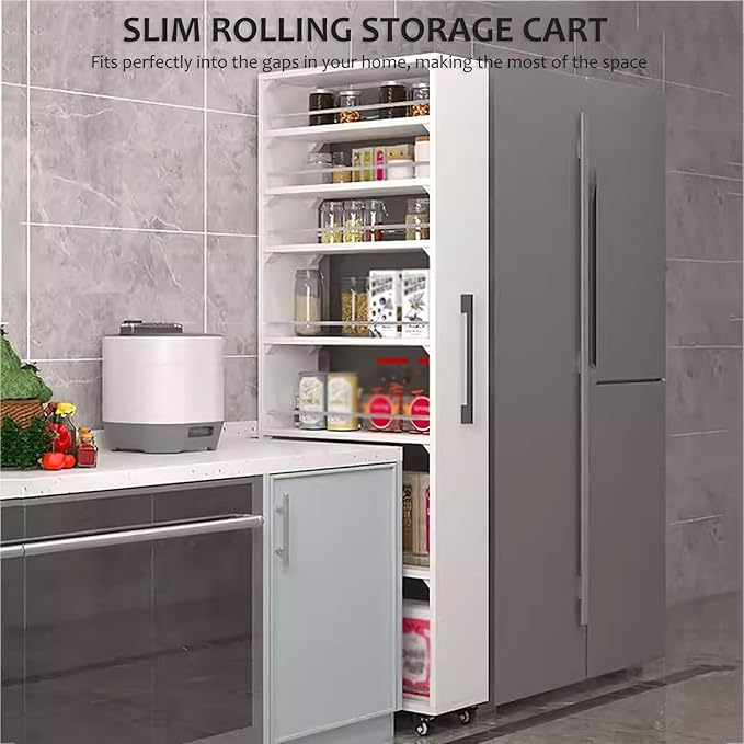 7 Tier Slim Rolling Storage Cart With Wheels,narrow Spice Rack Organizer Cabinet Next To Fridge,space-saving Wood Storage Organizer For Kitchen,pantry,laundry(D 21.65 x H 72.4 x W 5.91 IN, White)