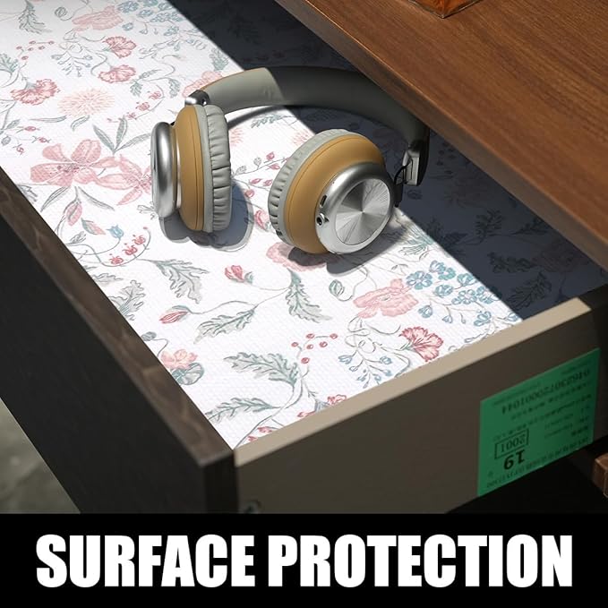 Amiitay Floral Drawer and Shelf Liner for Cabinets, 12IN x 20FT Non-Adhesive and Strong Non-Slip Shelf Cabinet Drawer Liners for Kitchen, Table,Bookshelves,Waterproof Cupboard Liners,Easy to Clean