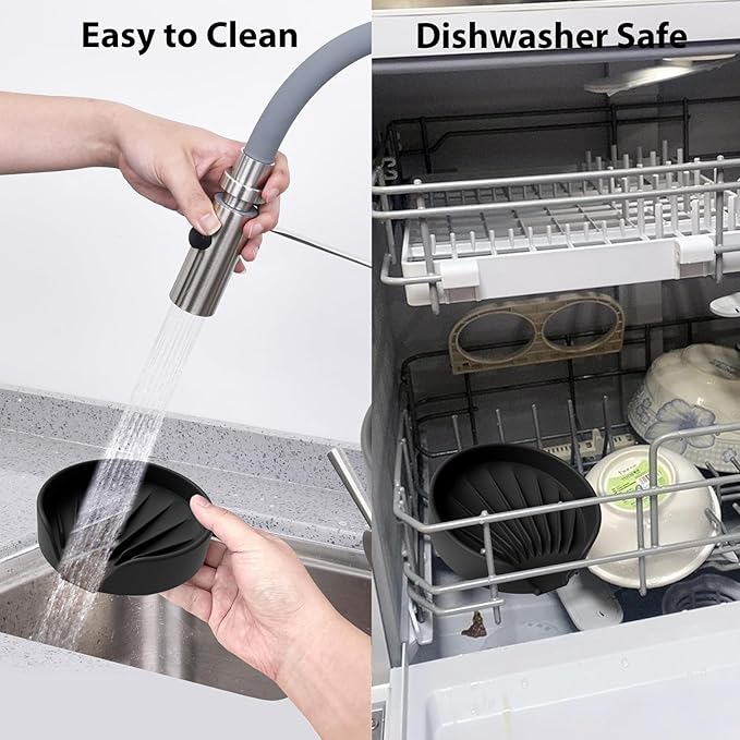 Self Draining Soap Dish, Silicone Soap Holder with Suction Cup and Drain Spout, Kitchen Bathroom Sink Organizer, Dish Soap Bar Tray Savers Sponge Holder, Perfect for Dispenser, Scrubber, Bottle, Cup