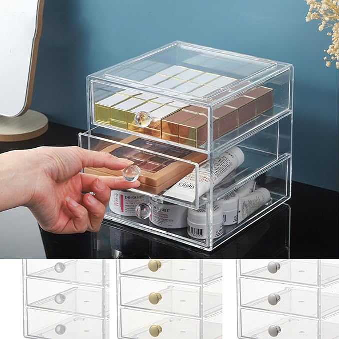 Makeup Drawer Organizer Box with 3 Drawers, Acrylic Cosmetic Display Case Vanity Organizer Jewelry Storage Box Stackable Storage for Cosmetics, Skin Care, Bathroom, Countertop, Gold Handle