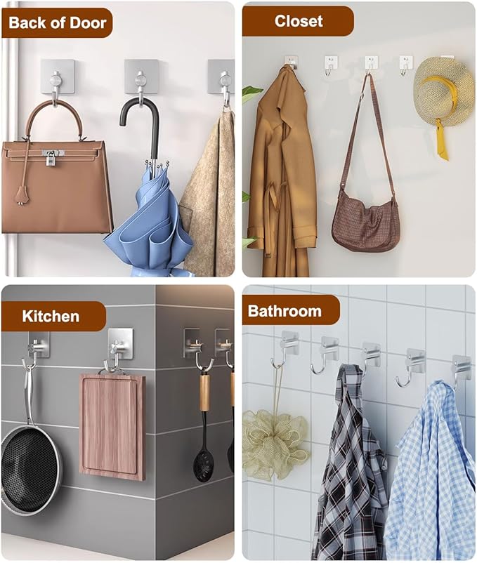 EDMILE Self Adhesive Towel Hooks for Bathrooms, Sturdy Wall Hooks for Walls No Damage, Waterproof Rustproof Stainless Steel Sticky Hooks for Hanging Shower, Bathroom, Kitchen, Robe, Coat, Silver