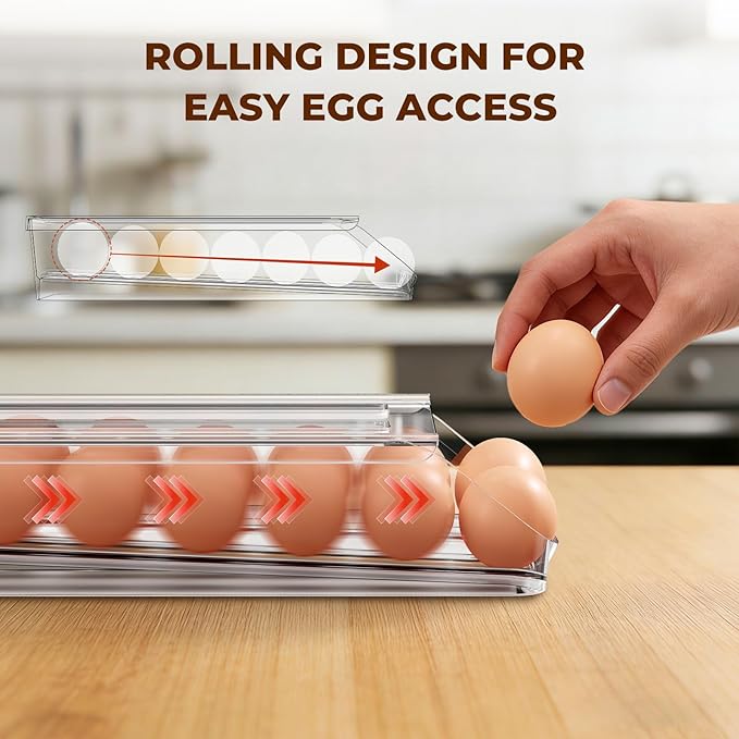 BOBELA Egg Holder for Fridge,Automatic Rolling Egg Container for Refrigerator,Clear Stackable Egg Organizer with Removable Lid for Fridge Organizers and Storage,2 pack