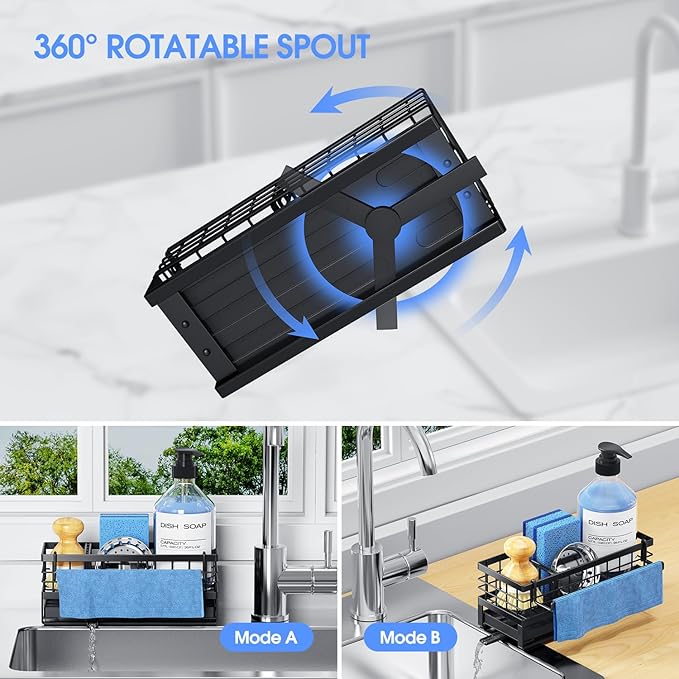 Kitchen Sink Sponge Holder - Self-Draining, Detachable Dish Cloth Holder, Rustproof Kitchen Countertop Organizer, Black