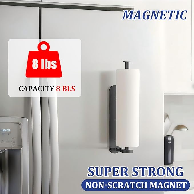 Magnetic Paper Towel Holder for Fridge-Great Adhesive Magnetic,One Hand Operable Paper Towel Holder,No Drill Wall Mount Hanging for RV Kitchen (Black)