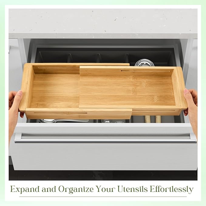 LemonRoad 1 Pcs Sliding Drawer Organizer Bin Bamboo Drawer Expandable Bins Utensil Organizer in Kitchen for Spoons Forks Knives