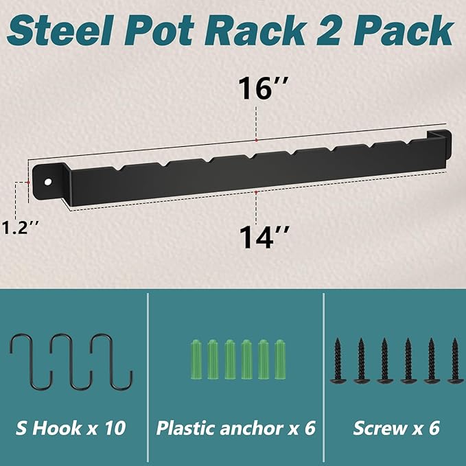 Wall-Mounted Utensil Rack Hanger Steel-made Kitchen Utensil Rack Organizer Pot Pans Wall Hanger Holder for Rustic Iron Kitchen Organizer with Ten Hanging Hooks（2 Pack）