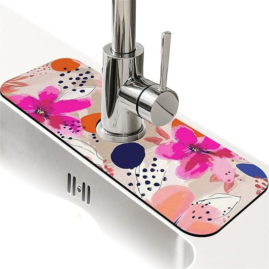 Kitchen Sink Splash Guard，Pink-orange flowers Faucet Mat Sink Gadgets-Super Absorbent Fast Drying Mat Drip Catcher for Kitchen, Bathroom,Sink Mat, Dish Drying Mat, Bathroom(15" X 5.5" )
