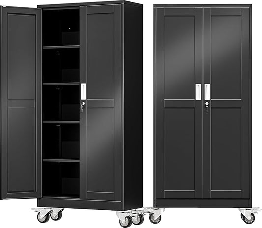 71" Tall Metal Garage Storage Cabinet with Wheels and Locking Doors and Tall Rolling Steel Tool Cabinet with 4 Adjustable Shelves for Garage,Home,Office,Shop (Black)