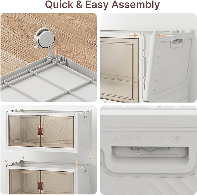 UAMFURI Stackable Storage Bins with Lids, 360QT Closet Organizers, Lockable Storage Cabinet，Foldable Storage Box with Doors and Wheels, Plastic Drawers for Home, Garage, Office (3, White, Large)