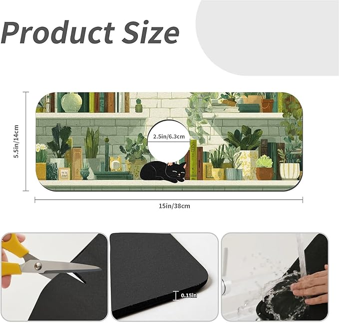 Kitchen Sink Splash Guard，black cat plants books Faucet Mat Sink Gadgets-Super Absorbent Fast Drying Mat Drip Catcher for Kitchen, Bathroom,Sink Mat, Dish Drying Mat, Bathroom(15" X 5.5" )