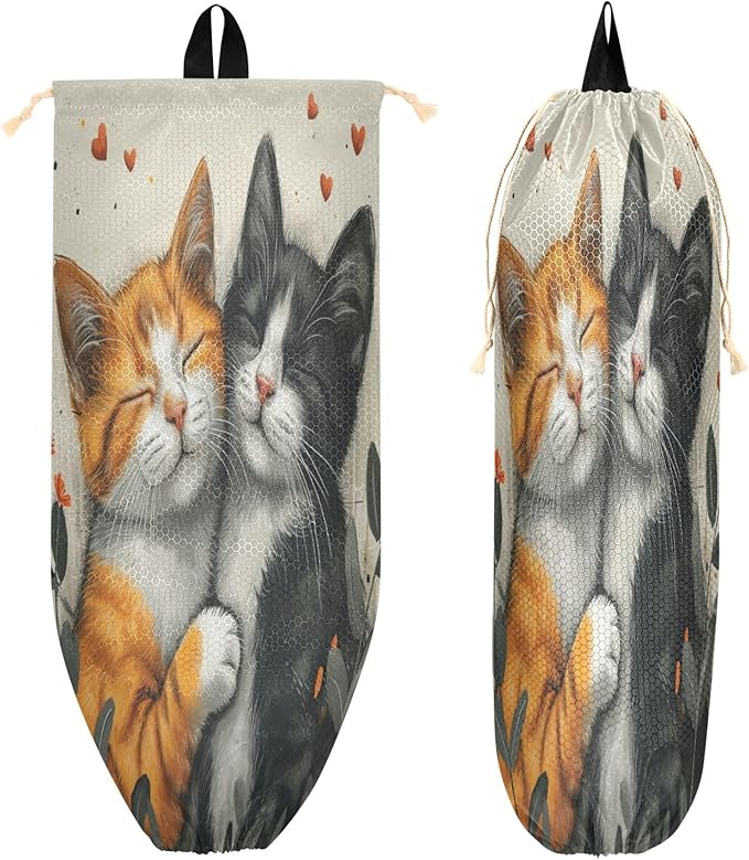 Cats in Love Plastic Bag Holder Kitchen Storage Accessories Grocery Bag Storage Durable Plastic Bag Organizer with Hanging Loop 2 Pack