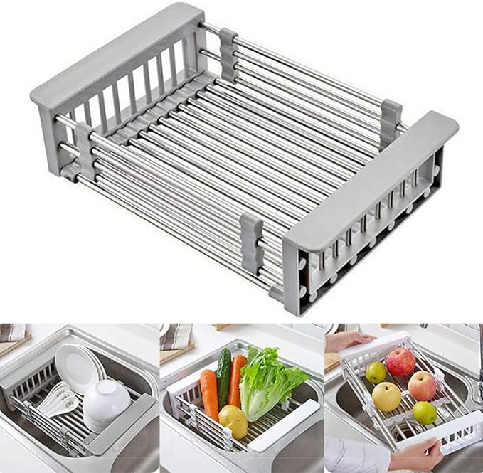 CARNAVAL Stainless Steel Kitchen Drying Rack, Retractable Drain Basket with Adjustable Armrest, Over The Sink Dish Drying Rack