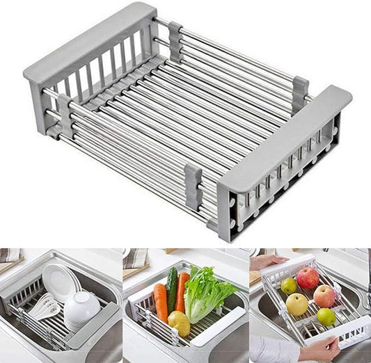 CARNAVAL Stainless Steel Kitchen Drying Rack, Retractable Drain Basket with Adjustable Armrest, Over The Sink Dish Drying Rack