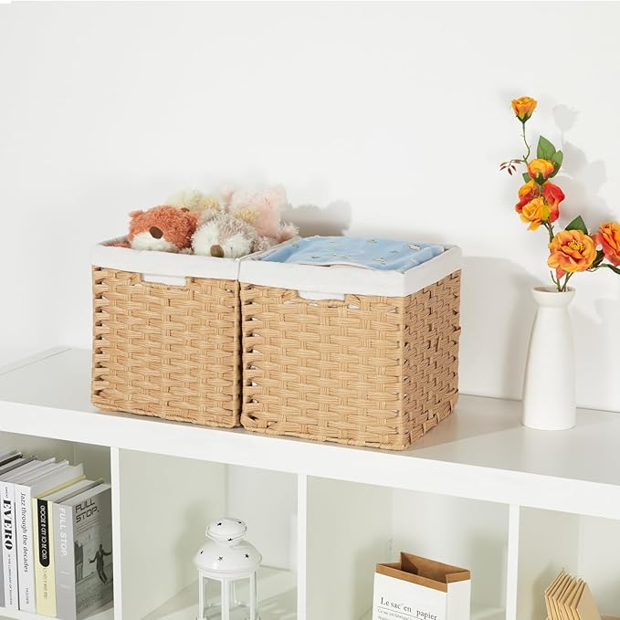 Bidtakay Wicker Storage Baskets with Liners 11x11 Storage Cube Bins Woven Basket with Imitation Water Hyacinth 2-Pack Waterproof Woven Storage Bins for Organizing Rattan Baskets Organizer-Natural