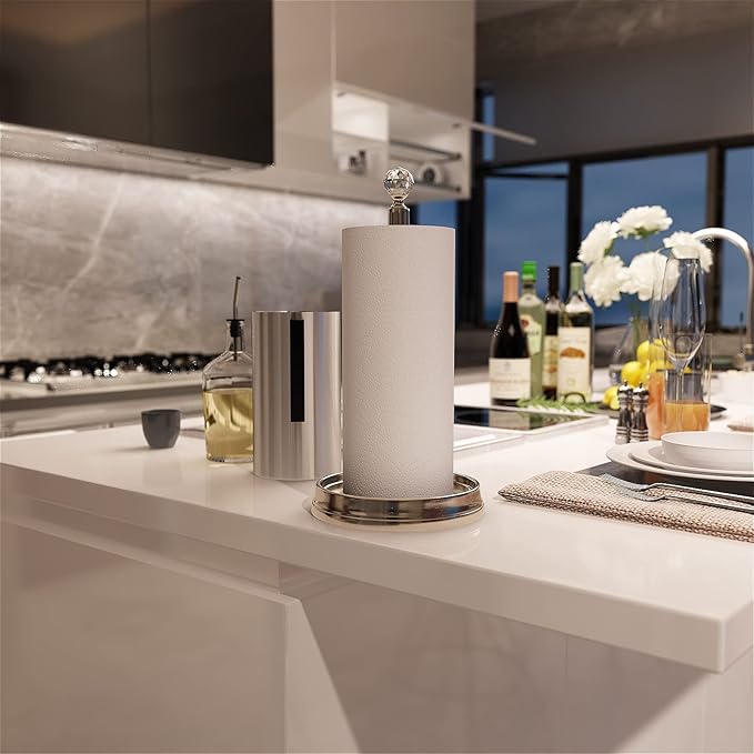 Paper Towel Holder with Crystal Ball - Steel Countertop Stand, Fits Standard & Jumbo Rolls, Brushed Nickel