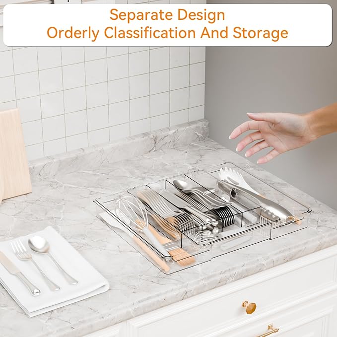 Yieach Clear Expandable Silverware Drawer Organizer,9.4-15.6In Adjustable Silverware Tray for Drawer,Plastic Kitchen Utensil Drawer Organizer for Cutlery,Flatware Organizers and Fork and Spoon Holder
