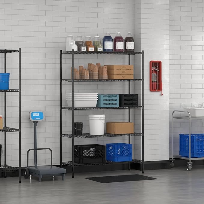 Commercial NSF Listed Black Epoxy Stationary Wire Shelving Kit 18" x 48" x 74", with 5 Shelves Perfect for Warehouse, Walk-in Refrigerator, Freezer, Grocery Store, Restaurant, Dishroom