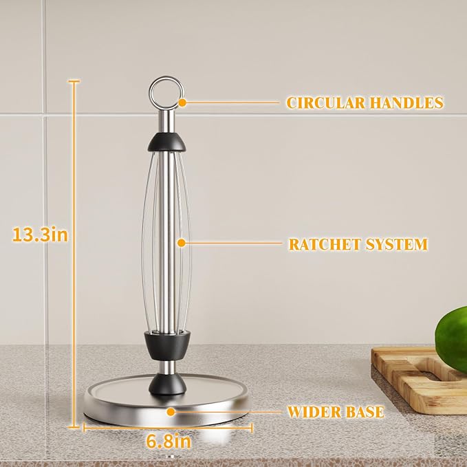 HZE Paper Towel Holder Countertop, One-Handed Tear, Stainless Steel, Weighted Base, Silver, Ring Paper Towel Holder Stand with Ratchet System for Kitchen Farmhouse Essentials Decor Accessories
