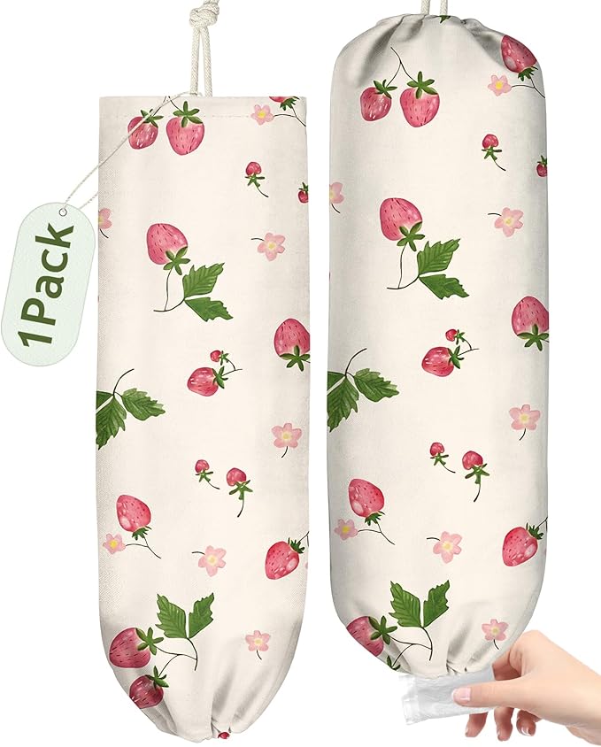 Plastic Bag Holder Organizer - 1 Pack Reusable Canvas Grocery Bags Holder Hanging Wall Cute Aesthetic Shopping Bag Storage Dispenser with Drawstring Closure for Kitchen Home, Strawberry