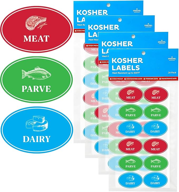 Assorted Kosher Labels, Blue Dairy, Red Meat, Green Parve Stickers, Oven Proof up to 500°, Microwavable, Dishwasher Safe, English, Color Coded Kosher Kitchen Tools (Oval Design, 96-Pack)