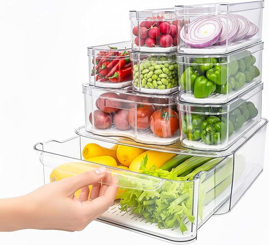 SMRCAD 8 Pack Refrigerator Organizers, Clear Pull-out Drawer Container and Organizer Bins with Lids, Stackable Storage Containers for Fruits, Vegetable (Set of 8 （AU）)