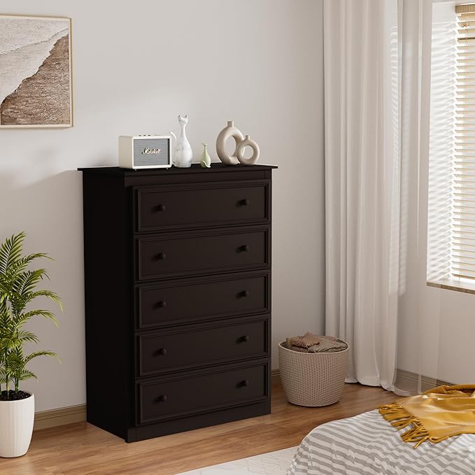 5 Drawer Dresser for Bedroom, Tall Wooden Chest of Drawers with Spacious Top, Modern Storage Organizer Cabinet for Closet, Nursery, Living Room, 15.7" D x 31.5" W x 45.7" H (Chocolate)