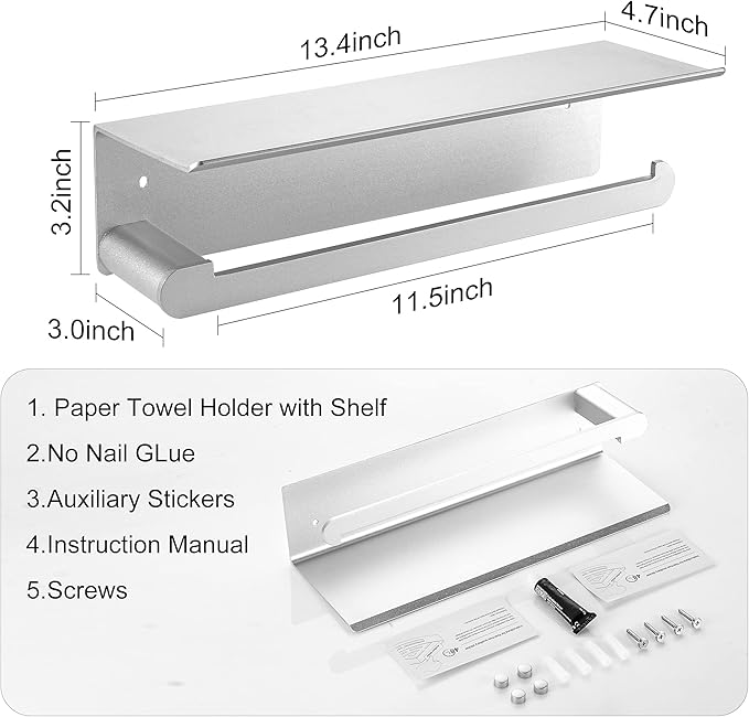 Paper Towel Holder with Shelf for Kitchen, Paper Towel Holder Wall Mount for Bathroom, Self-Adhesive Anti-Rust Aluminum, No Drill or Wall-Mounted with Screws (Dull Polished Silver)