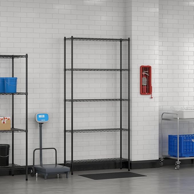Commercial NSF Listed Black Epoxy Stationary Wire Shelving Kit 12" x 42" x 86", with 5 Shelves Perfect for Warehouse, Walk-in Refrigerator, Freezer, Grocery Store, Restaurant, Dishroom