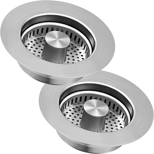 3-in-1 Kitchen Sink Drain Strainer & Stopper, Stainless Steel Food Catcher Plug with Filter Basket, Fits 3-1/2 Inch Drain Hole, Universal Sink Protector Cover, Anti-Clogging, Silver - 2Pack