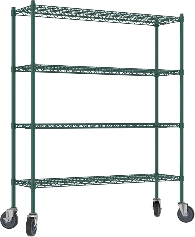 Commercial NSF Listed Green Epoxy Mobile Wire Shelving Kit 14" x 48" x 60", with 4 Shelves Perfect for Warehouse, Walk-in Refrigerator, Freezer, Grocery Store, Restaurant, Dishroom