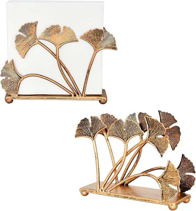 OwlGift Set of 2 Modern Ginkgo Leaves Design Napkin Holder for Tables, Metal Paper Napkin Storage for Kitchen, Stylish Paper Towel Dispenser, Mail Letter Sorter Rack, Document File Organizer – Bronze