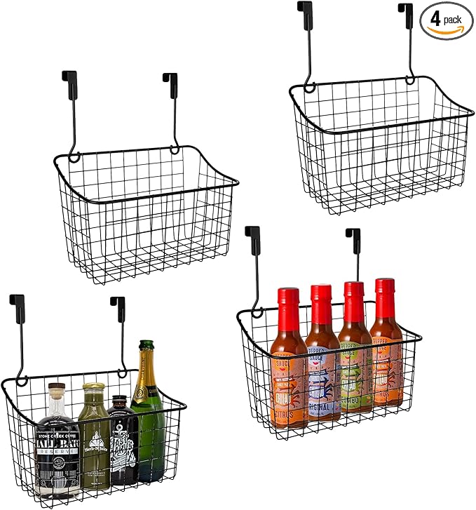 4PCS Over the Cabinet Basket, Over Cabinet Door Organizer, Grid Storage Baskets with Hooks, Metal Hanging Basket Kitchen Storage Organizer Holder for Pantry, Bathroom, Black, 11x9.2x4.3’’