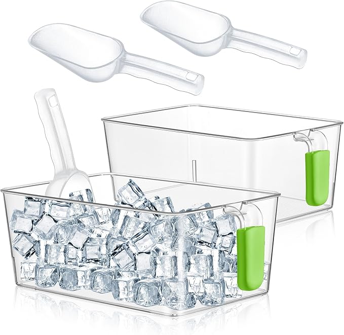 Havawish 2 Set Ice Bin and Flexible Scoop Set Plastic Freezer Ice Bin with Pull Out Handle Storage Bucket Clear for Container with Bucket Scoop (10.83 x 7 x 4.33 in,Green)