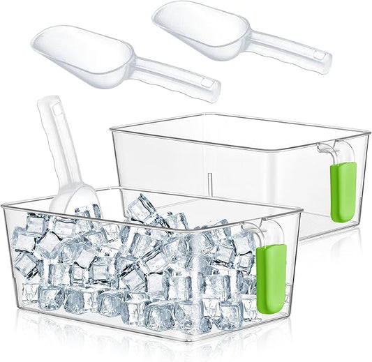 Havawish 2 Set Ice Bin and Flexible Scoop Set Plastic Freezer Ice Bin with Pull Out Handle Storage Bucket Clear for Container with Bucket Scoop (10.83 x 7 x 4.33 in,Green)