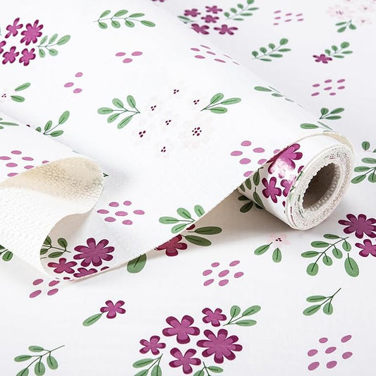 RAY STAR Shelf Liner, 18 Inch x 8 Feet Non Adhesive Purple Pink Floral Kitchen Cabinet Liner for Pantry Drawer Vanity, Strong Grip Non Slip Waterproof, Shelf Liners for Kitchen Cabinets Cupboard